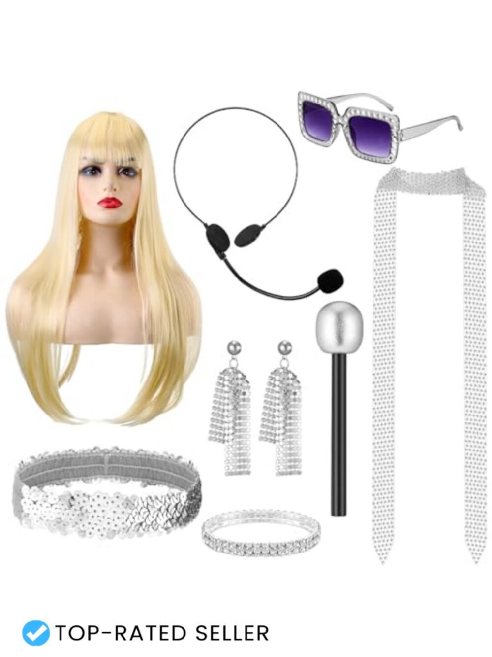 8 Pc Pop Star Costume Set with 24" Blonde Wig & Mic Accessories